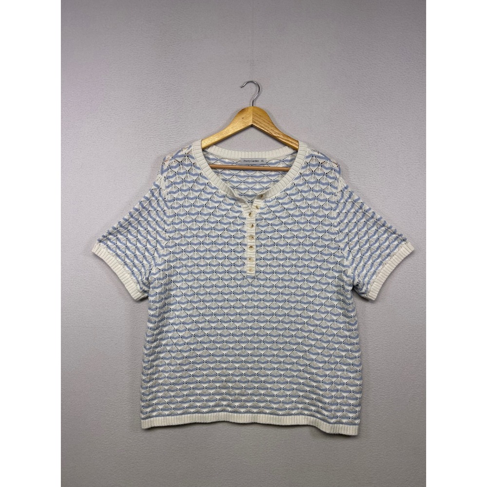 Coastal PrettyGarden Women XXL Blue White Chevron Henley Knit Sweater